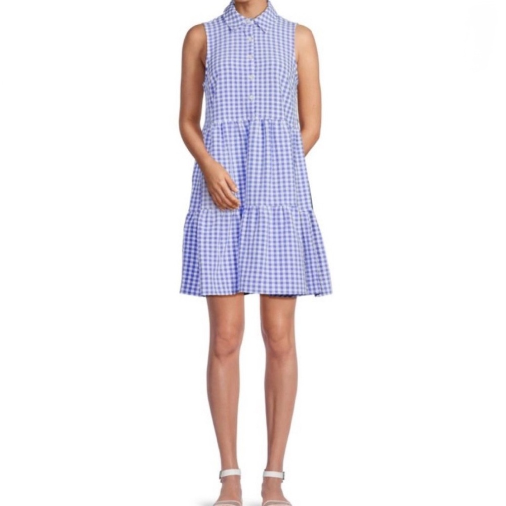 Tommy Hilfiger Gingham Blue & White Sleeveless Tiered Shirt Dress